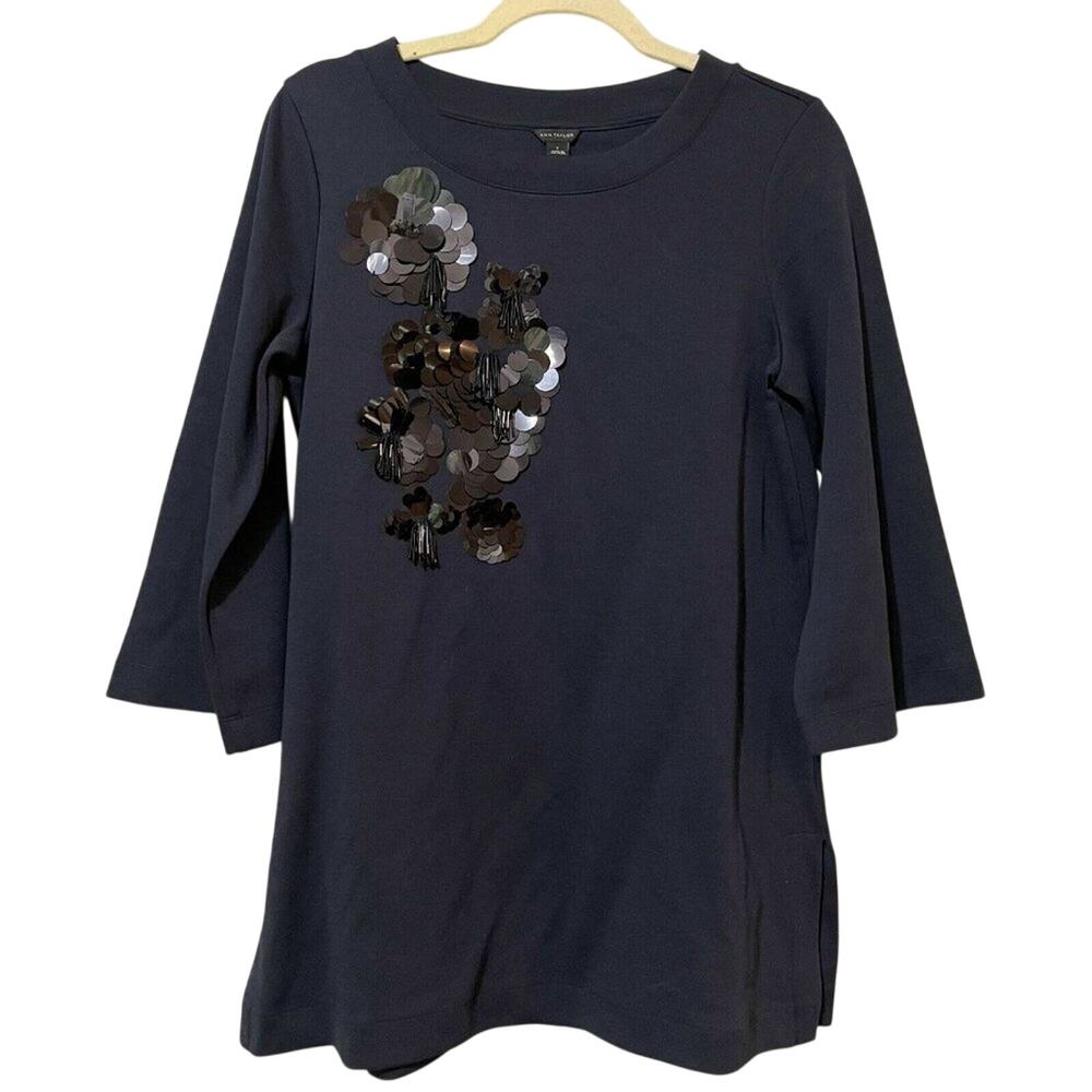 Ann Taylor Blue Embellished 3/4 Sleeve Round Neck Sweater Blouse Top Size S
